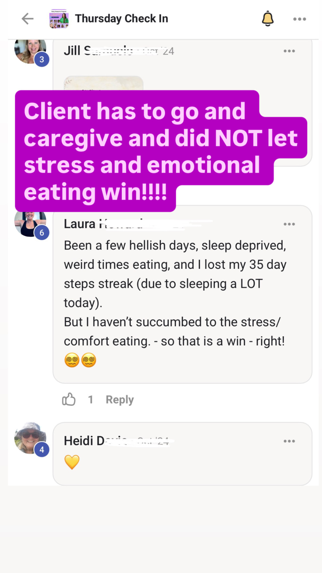 Client handles caregiving stress without turning to emotional eating