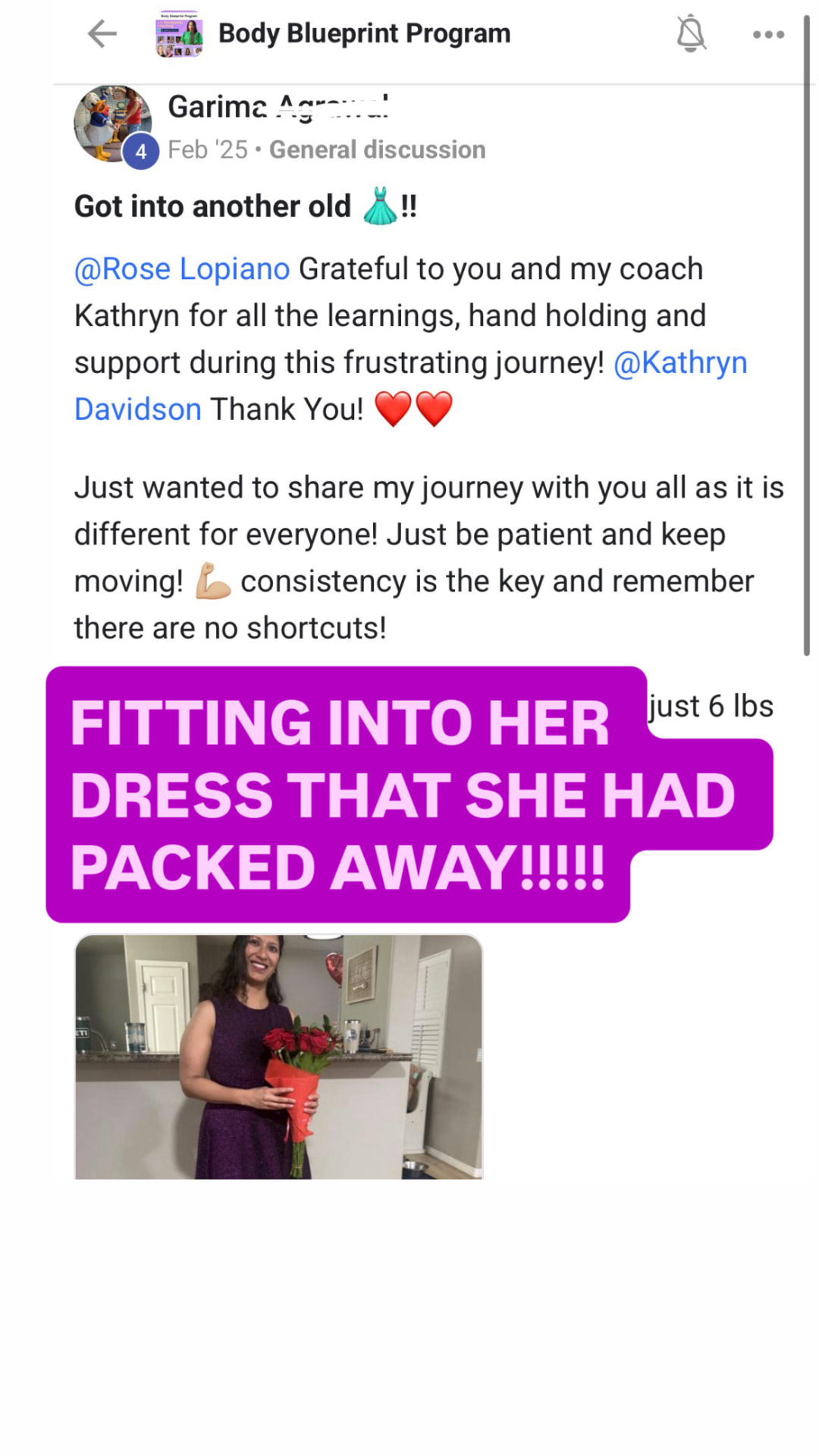 Client celebrates fitting into a dress she had packed away