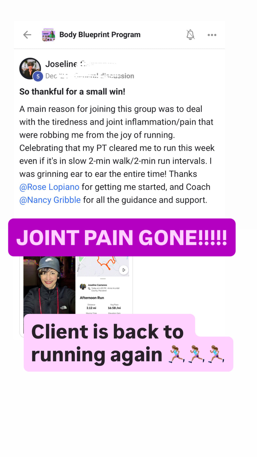 Client celebrates returning to running after joint pain improved