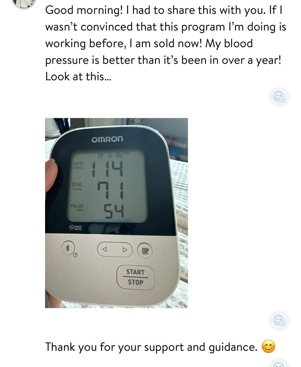 Client message: blood pressure best in over a year