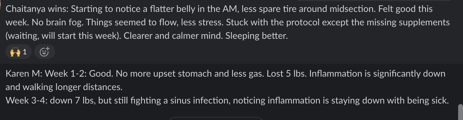 Client wins: less inflammation, lost 5 lbs, walking longer