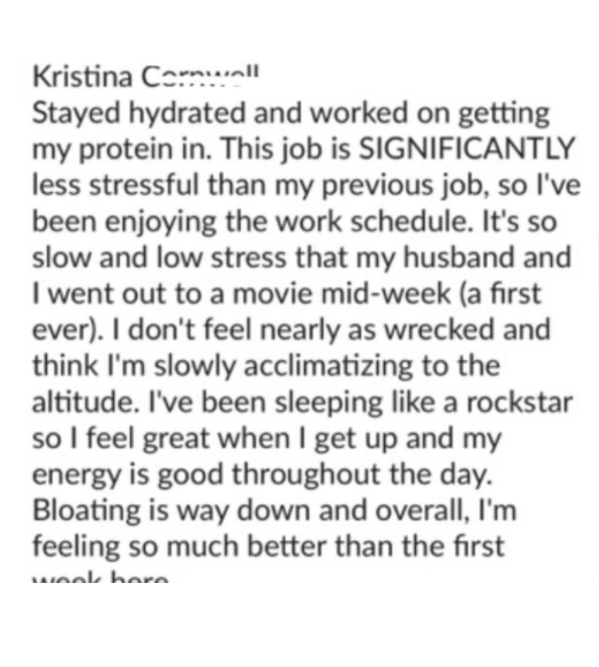 Client message: sleeping like a rockstar, energy up, bloating way down
